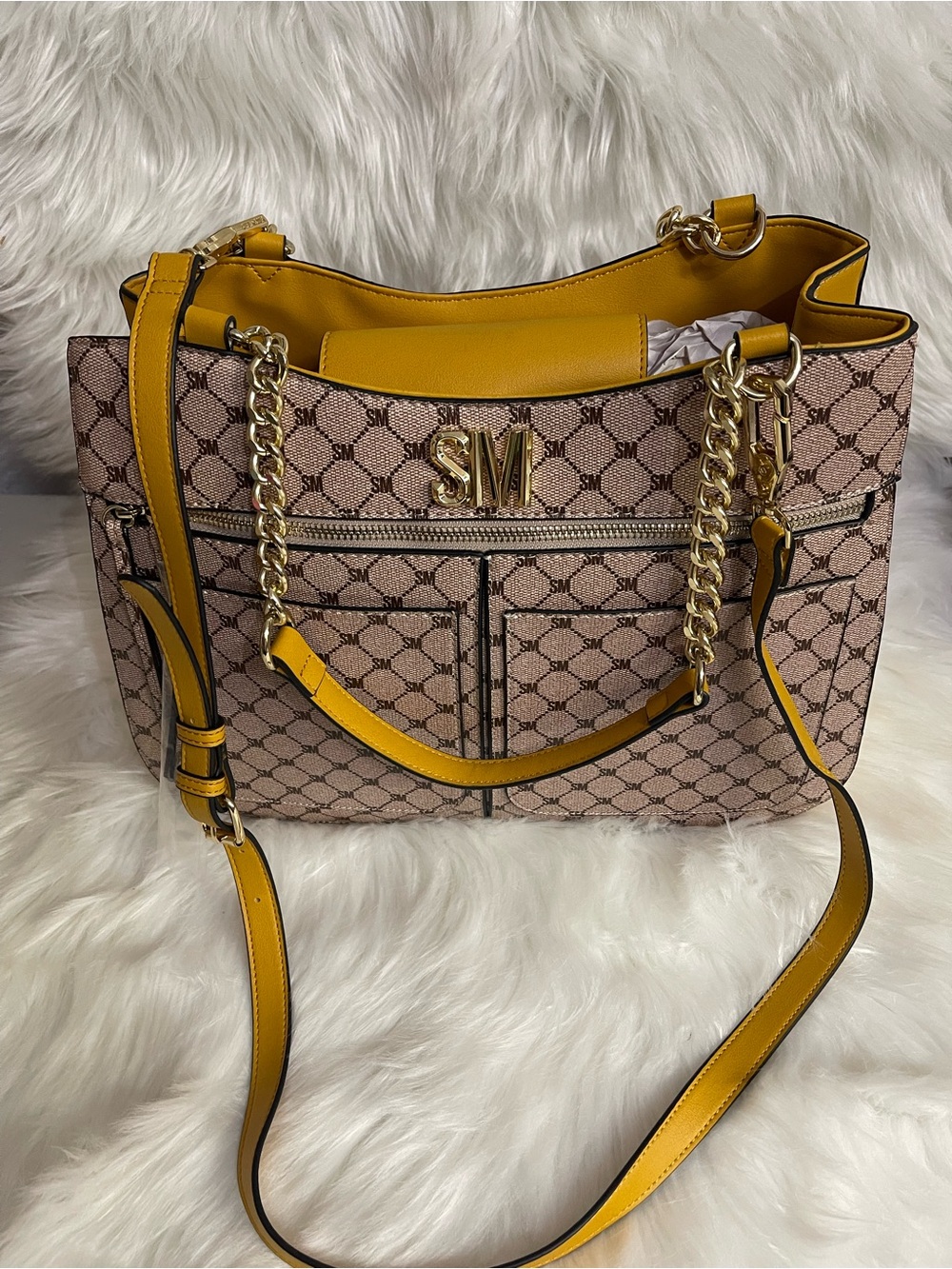 Steve Madden Signature Tote Bag in Beige with Yellow Trim